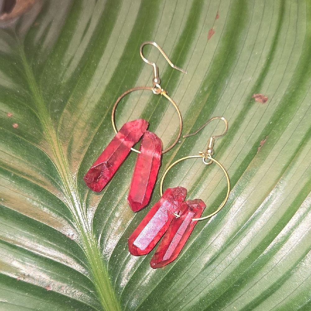 Elegant Red Crystal Gem Hoop Earrings. Red & Gold. Hypoallergenic. Handmade.